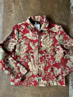 Vintage 90s First Option Red Needlepoint Floral Full Zip Jacket Art Deco Medium